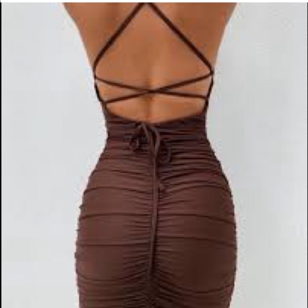 Tiger Mist brown ruched Amber mini dress - Picture 2 of 9